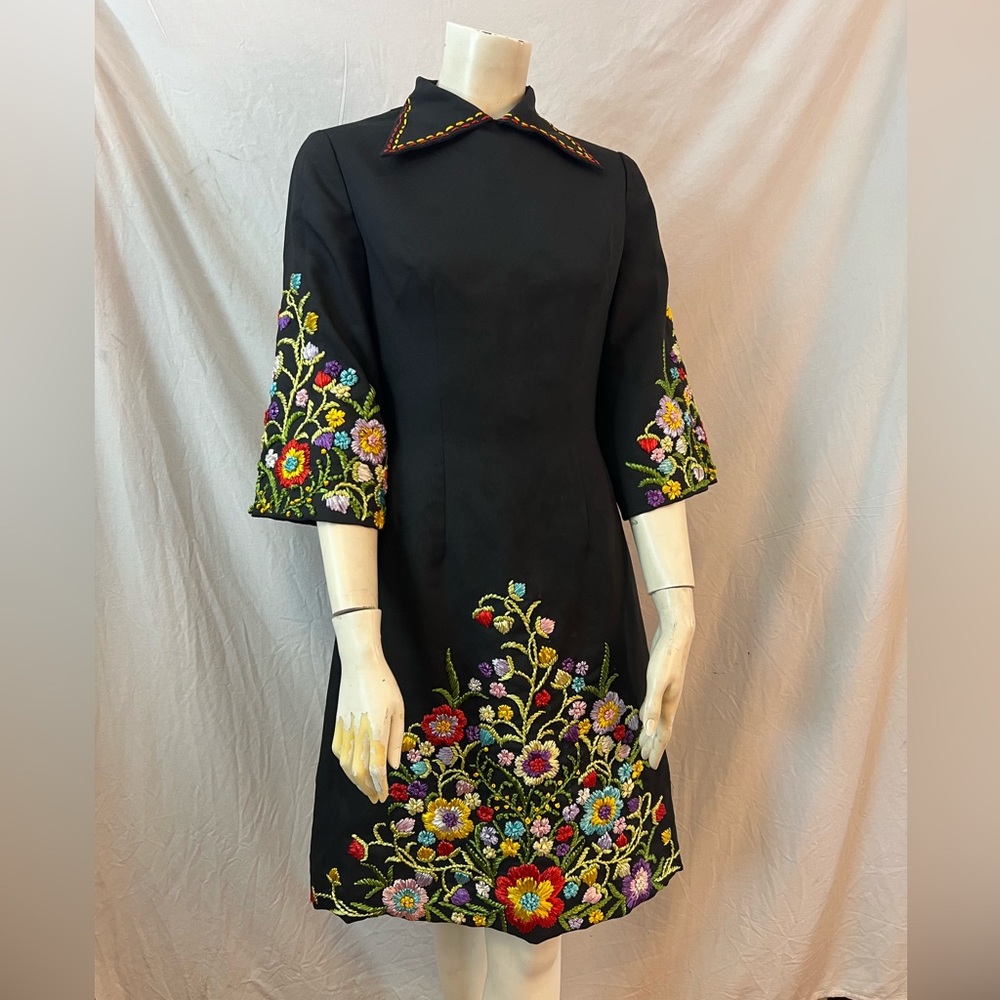 One of a kind vintage 60’s embroidered raffia flowers black dress Wednesday